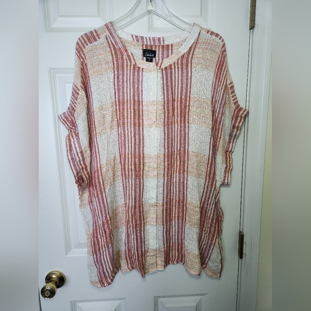 Simply Emma Plaid Silver Thread Sequin button Womens Size 3X Short Sleeve Blouse